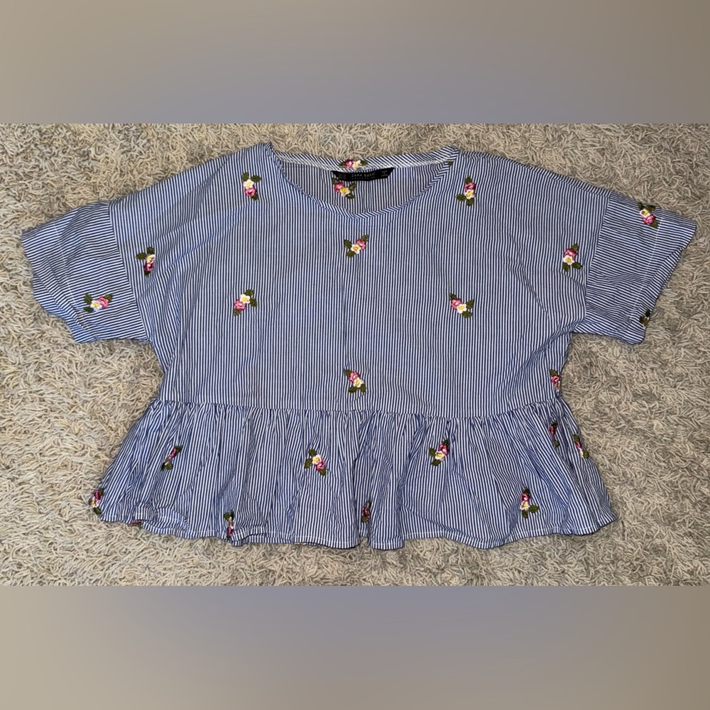 Zara Blue Striped Top with Floral Detail